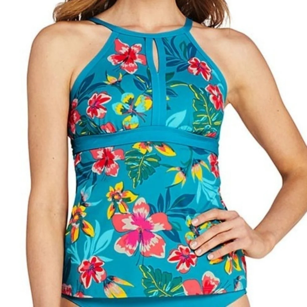 Lands' End Keyhole High Neck Tankini Top Vivid Teal Tropical Floral Print 6